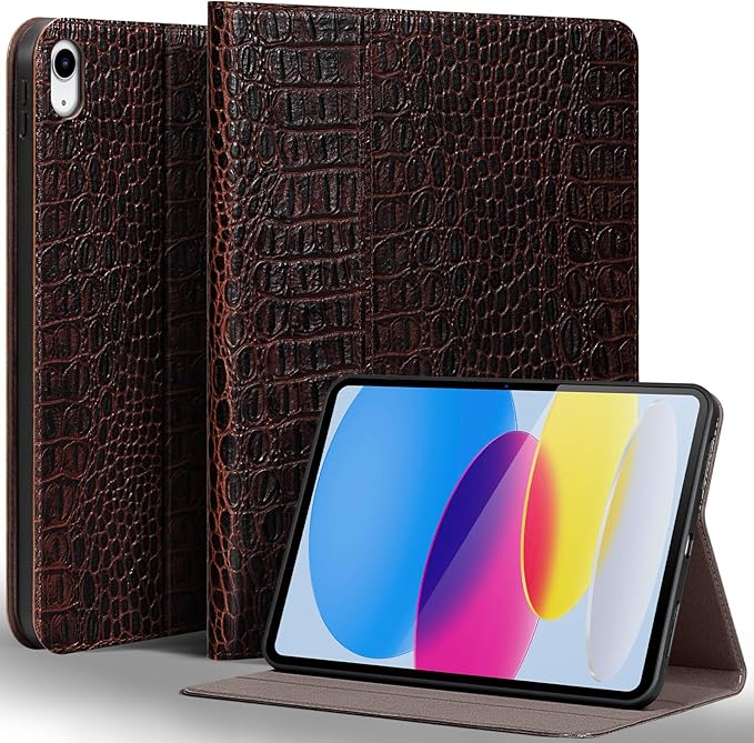 Gexmil Leather Case for iPad (A16) 11th Generation 11 Inch 2025 iPad 10th Generation 10.9 Inch 2022Protective Full Grain Leather Cover Support Auto Sleep/WakeAnti SlipBrown Crocodile