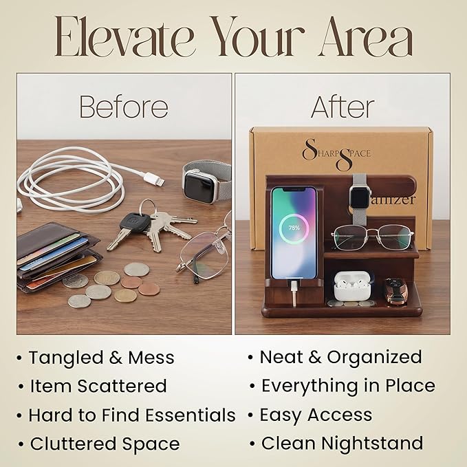 360° Rotating Nightstand Organizer - Wood Phone Docking Station with Rotating Base Charging Slot Holds watch Wallet Keys Eyewear - Birthday Gifts for Men &amp Women Bedroom or Office Use Dark