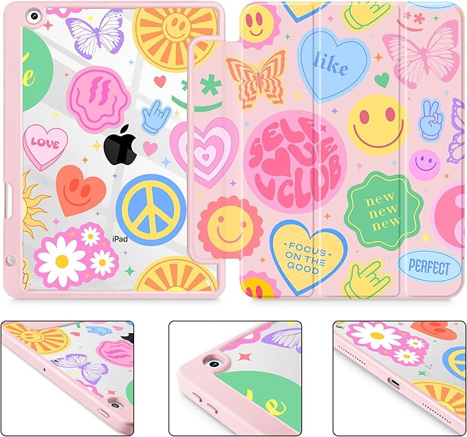 May Chen for iPad 9th Generation with Pencil Holder iPad 8th/7th Gen Case 10.2-inch [Penceil Holder] Trifold Stand Auto Wake/Sleep Clear TPU Protection Back Cover Smile Art