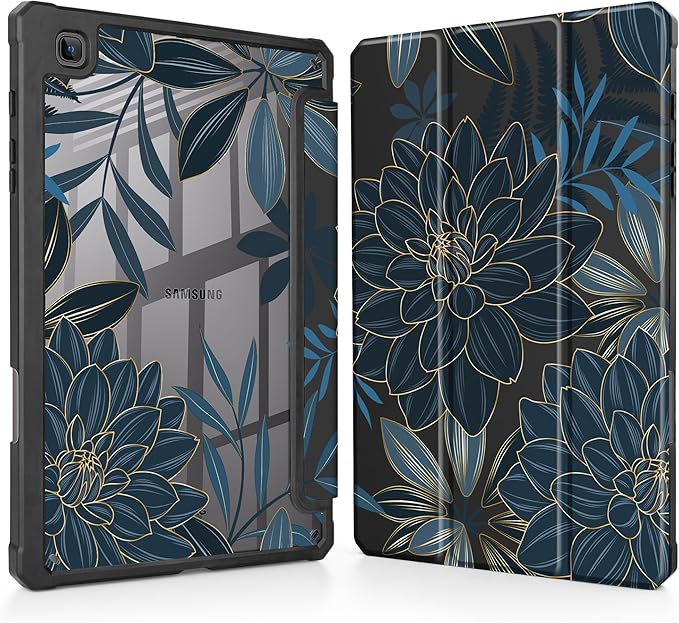 Tuiklol for Samsung Galaxy Tab S6 Lite 10.4 inch 2024 2022 2020Buit in S Pen Holder with Shockproof Protective Cover Clear Transparent Back Shell Auto Wake/Sleep Black Flower