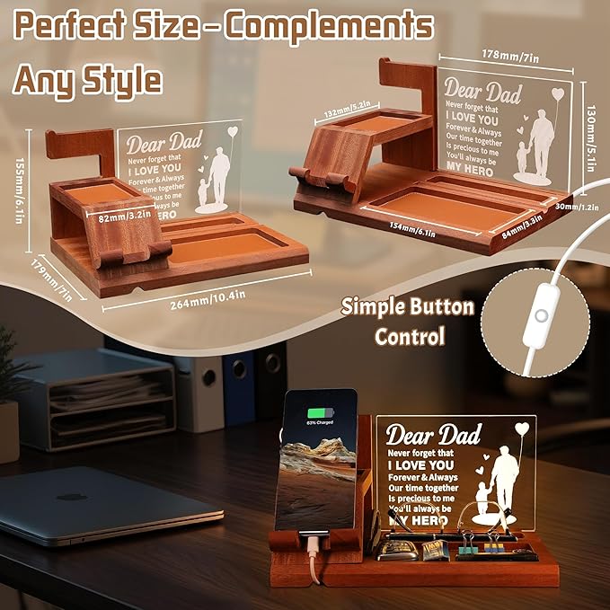 Attivolife Dad Gifts Idea LED Phone Docking Station Desk Organizer Cell Phone Stand with Night Light Best Dad Ever Gift for Father's Day Key Holder Stand for Wallet Watch Essentials