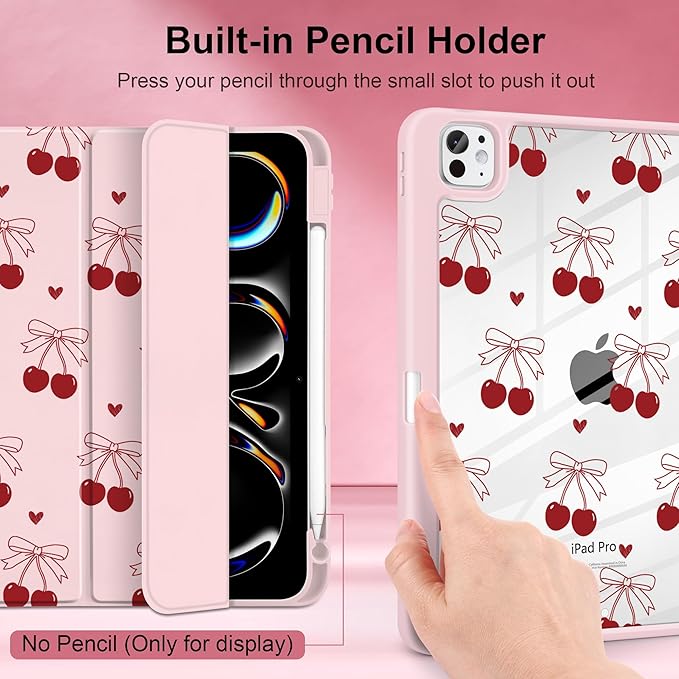 DONGKE for iPad Pro 11-Inch Case (M5 2025 / M4 2024) 6th/5th Generation [Auto Sleep/Wake &amp Pencil Pro Holder] Clear Acrylic Back Smart Trifold Stand Cover Cherry &amp Heart