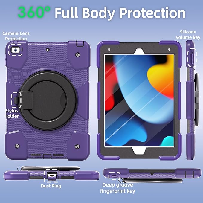 Case for iPad 9th/8th/7th Generation 10.2 inch Shockproof Cover with Screen Protector/360° Rotate Stand/Pencil Holder/Shoulder Strap Kids Case for iPad 2021/2020/2019 (Deep Purple+Black)