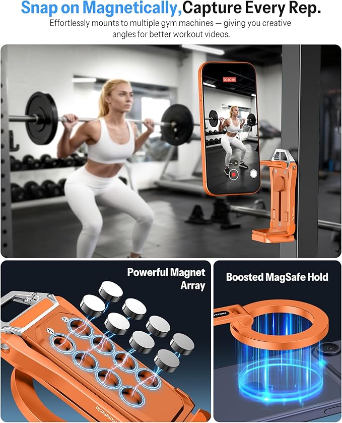 OMOTON TP02-Pro Magnetic Phone Holder for Vlogging Content Creator Essentials with 1/4 Screw Arca Strong Back Magnet for Gym Adjustable Phone Stand &amp Selfie Stick for iPhone 12-17 Series Ora