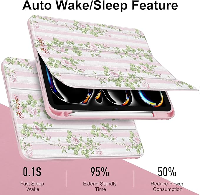TWOLSKOO Case for iPad Pro 11-inch (M5 2025 / M4 2024) Clear Acrylic Back with TPU Bumper Pencil Holder Trifold Stand Auto Sleep/Wake Rose Vine
