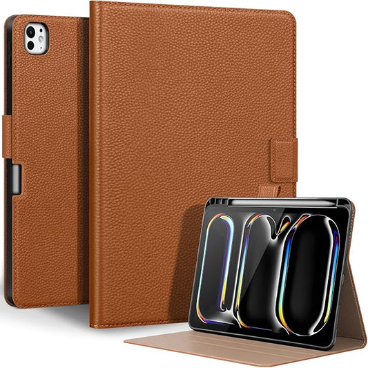 Genuine Leather Case for iPad Pro 11 inch Case (M5) 2025 / (M4) 2024 | with Pencil Holder and Adjustable Stand Magnetic Closure Auto Wake/Sleep Cover | Brown