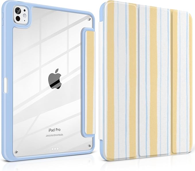 Case for iPad Pro 11 Inch (M5 2025 M4 2024) – [Built-in Pencil Holder] Shockproof &amp Stylish Clear Hard Back + Soft TPU Edge Magnetic Trifold Stand Auto Wake/Sleep Watercolor Stripes