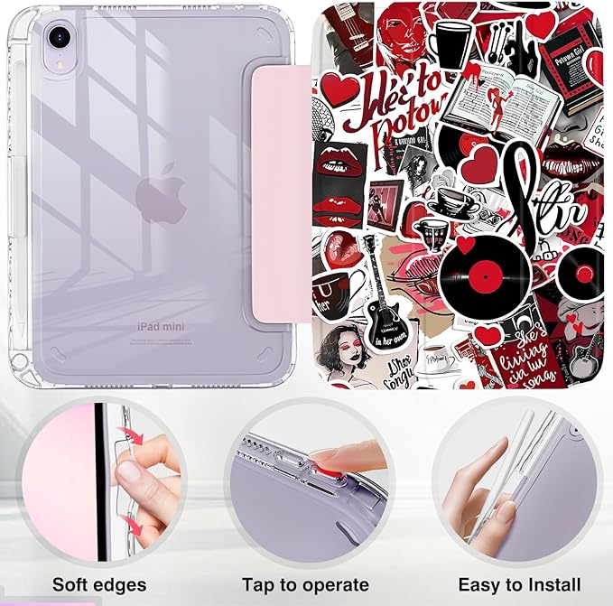 Y2K Tablet Case for iPad Mini 6/7 (8.3 2021/2024) – Hot Pink Retro Sticker Print Cover with Pencil Holder Vinyl Lip Design Tri-Fold Stand Auto Sleep/Wake ipad mini cute case for Girls