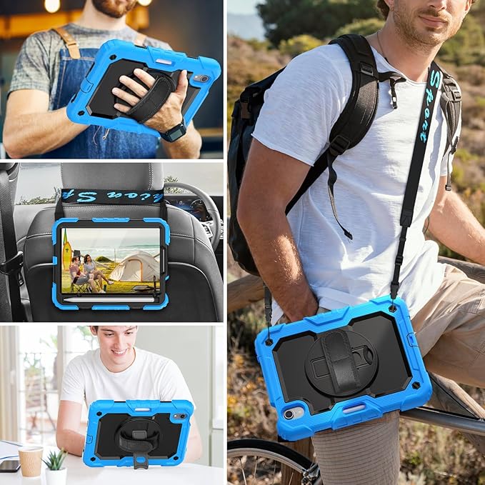 HXCASEAC Case for iPad mini 7 (A17 Pro) / iPad mini 6 Case 8.3 inch Full Body Protective with Pencil Holder Carrying Strap Hand Strap Protector Rotating Stand A2995 A2993 A2567 A2568 Light Blue