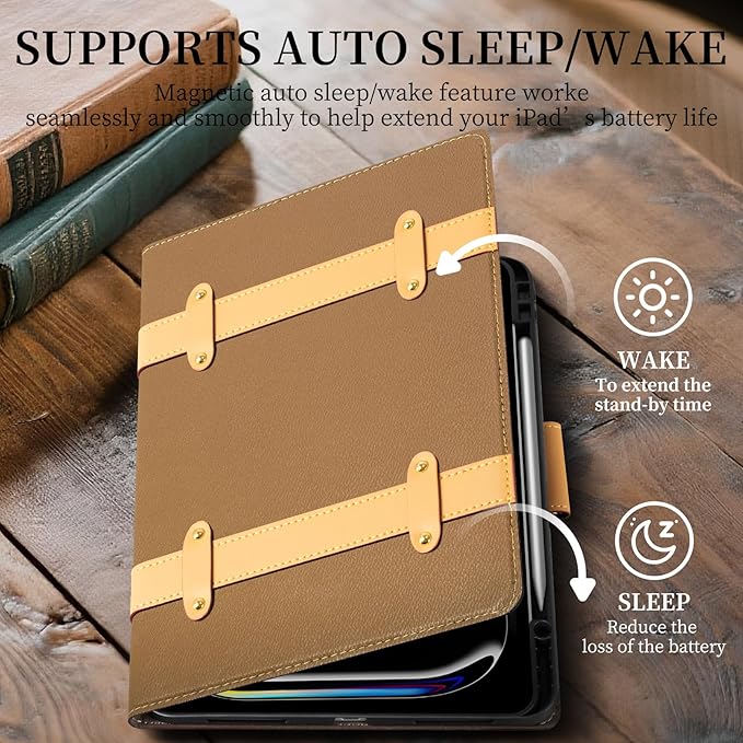 iPad Case for iPad Pro 13 Inch (M5/M4) 2025/2024Leather Folio Cover with Pencil HolderAuto Wake/SleepAdjustable StandDetachable Magnetic Closure Protection Case-Multiple Straps Yellow Brown