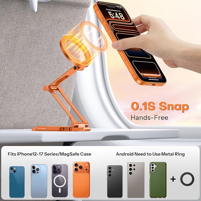 OMOTON TP06 for MagSafe Tripod Hook 360°Rotate Magnetic Phone Tripod for iPhone 17/16/15 Pro Max Air Fold Phone Stand Selfie Stick with 1/4 Screw Acra Fits Vlog Gym Travel Essentials Orange