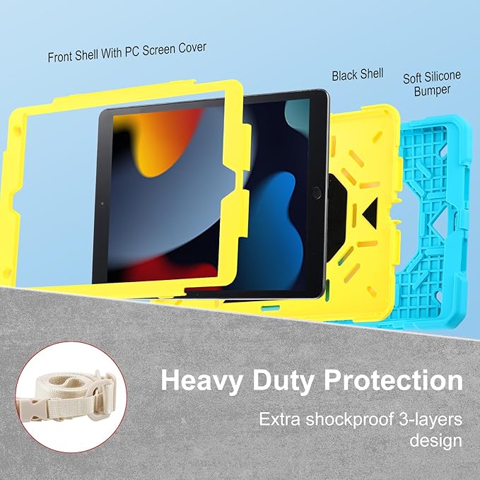 Case for iPad 9th Generation (2021) /iPad 8th Gen (2020)/iPad 7th Gen (2019) Military Grade Shockproof iPad Case Built-in 360°Rotating Stand/Pen Slot/Shoulder Strap for iPad 10.2 (Blue+Yellow)