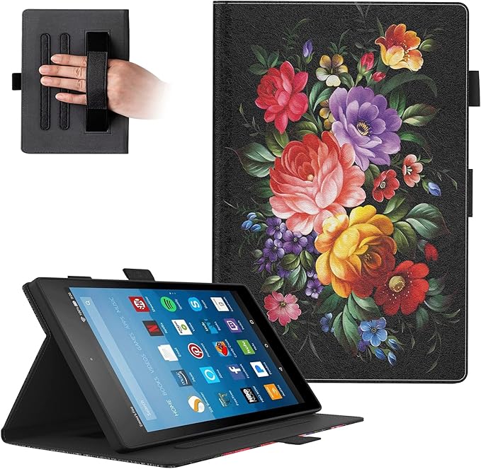 Dteck for Fire HD 8 (8th/7th/6th Generation) Smart Folio Case 2018/2017/2016 Release (8) with Auto Sleep Wake/Stand/Adjustable Viewing Angle/Stylus PU Leather Protective Slim Cover Flowers Black