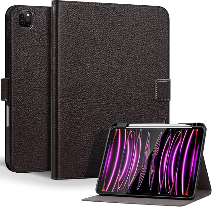 Genuine Leather Case for iPad Pro 11 Inch 4th/3rd/2nd/1st Generation 2022/2021/2020/2018 | with Pencil Holder and Adjustable Stand Magnetic Closure Auto Wake/Sleep Cover | Dark Brown