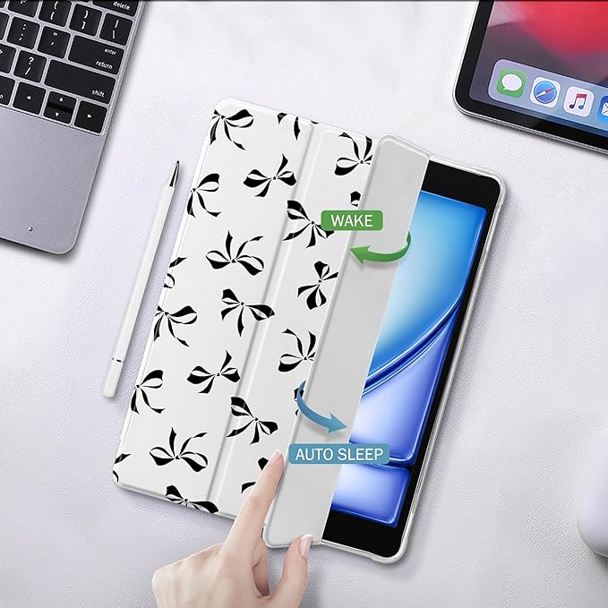 Idocolors Cute Black Bow Case for 11 iPad Air(2024) Tri-Fold Tablet Case with Auto Wake/Sleep &amp Pencil Holder - Vibrant Protective Cover for Women Girls and Teens (White)
