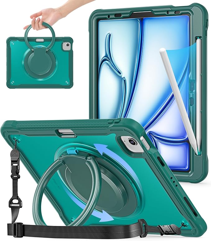 BATYUE Case for iPad Air 11-inch M4(2026)/M3(2025)/M2(2024) iPad Air 4/5 10.9 &amp Pro 11 2018-2022 - Shockproof Case with 360° Rotating Stand &amp Handle Pencil Holder Shoulder StrapMidnightG