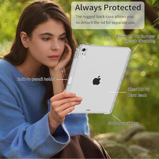 Case for iPad Air 11 inch M4/M3/M2 (2026/2025/2024) &amp iPad Air 5/4th Generation (2022/2020) 10.9 inch 2-in-1 Removable Hard PC Transparent Back with Pencil Holder Auto Sleep/WakeGray