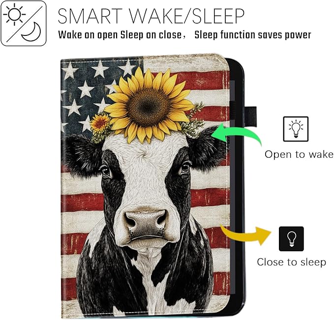Case for Samsung Galaxy Tab S9 FE 5G 10.9 Inch/Tab S9 11 Inch 2023Wallet PU Leather Folio Cover Multi-Angle Stand with Auto Wake/SleepAmerican Flag Cow Sunflower