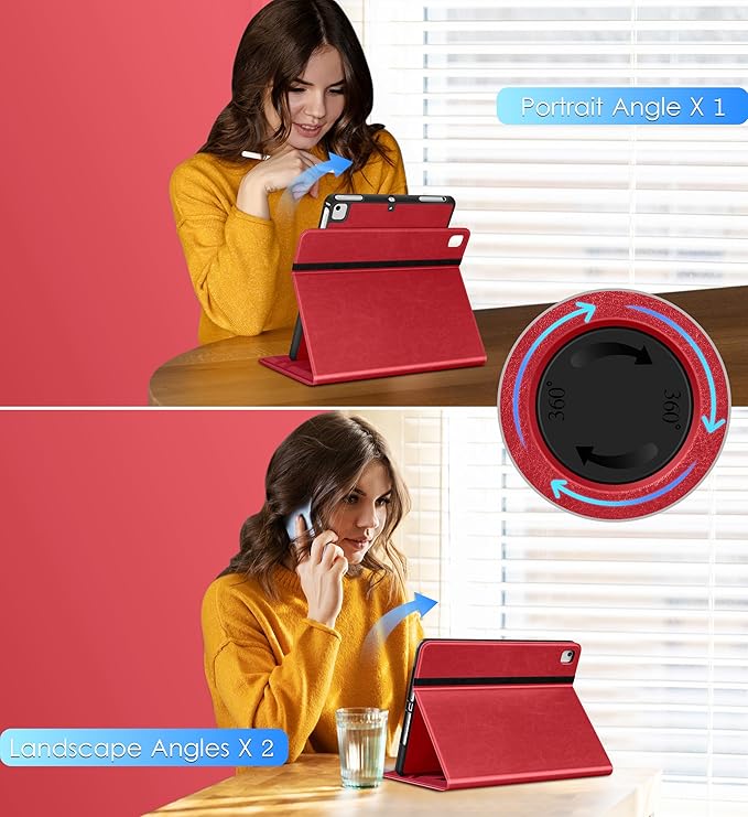 DTTO Rotating Case for iPad 6th / 5th Generation 9.7 Inch 2018/2017 iPad Air 2 / Air 1 Case 360 Degree Swiveling Premium Leather Folio Stand Cover with Pencil Holder - Auto Wake/Sleep Red