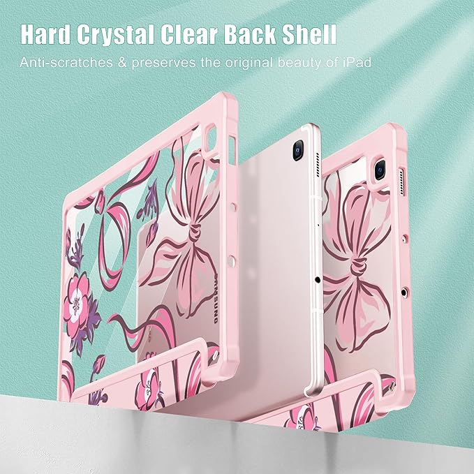 Mektron Case for Samsung Galaxy Tab S6 Lite 10.4 Inch 2024/2022/2020 with S Pen Holder Multi-Angle Viewing with Shockproof Cover Clear Shell + Trifold Stand + Auto Wake/Sleep Flowers-Bows-Pink
