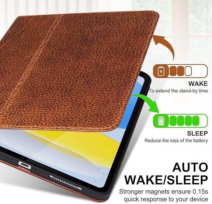 Genuine Leather Case for iPad 11th Gen 11 (2025/A16) &amp 10th Gen 10.9 (2022) | Slim Protective Cover with Adjustable Stand Auto Wake/Sleep Premium Leather | Yellow Brown