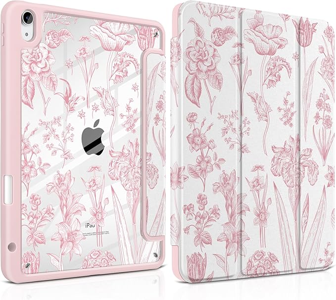 DONGKE Case for iPad Air 11-inch M4 2026 &amp M3 2025 &amp M2 2024 iPad Air 5th/4th Generation 10.9 2022/2020 [Built-in Pencil Holder] Clear Acrylic Back Trifold Stand Smart Cover Pink Florals