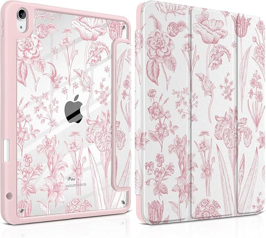 DONGKE Case for iPad Air 11-inch M4 2026 &amp M3 2025 &amp M2 2024 iPad Air 5th/4th Generation 10.9 2022/2020 [Built-in Pencil Holder] Clear Acrylic Back Trifold Stand Smart Cover Pink Florals
