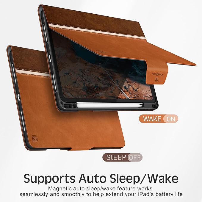 KingBlanc for iPad Air 11-inch Case M4 2026/M3 2025/M2 2024 iPad Air 5th/4th Generation (2022/2020 10.9) with Pencil Holder Vegan Leather Stand Cover Auto Sleep Wake Viewing/Typing Angle Brown