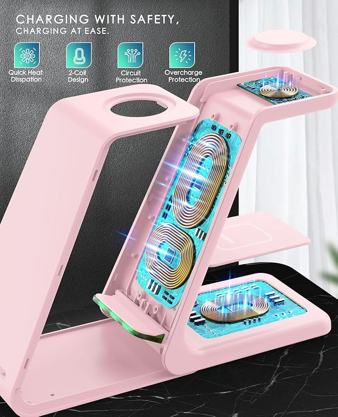 3 in 1 Wireless Charging Station 2026 Upgraded Fast Desk Charger Station for iPhone 17 16 15 14 13 12 Pro Max Plus Charger Stand for Apple Watch 10 9 8 7 6 5 4 3 2 SE Airpods 4 3 2 Pro(Pink)