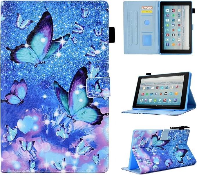 Case for Fire HD 8 Tablet (8th/7th/6th Generation 2018/2017/2016 Release) Premium PU Leather Folio Stand Cover Protective Case with Auto Sleep Wake Blue Butterfly