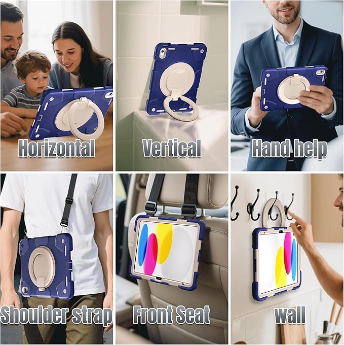Case for iPad (A16) 11th /10th Generation 11/10.9 Inch 2025/2022 with Screen Protector/360° Rotate Stand/Shoulder Strap/Pencil Holder Shockproof iPad 11th/10th Gen Cover (Navy+White)