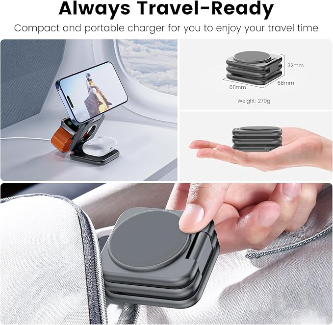 KU XIU X55 Plus 3 in 1 Charging Station for Apple Devices Magnetic Foldable Wireless Charger 15W Fast Charging Pad for iPhone 17/16/15/14/13/12 for Apple Watch for AirPods 4/3/2/Pro - Gray