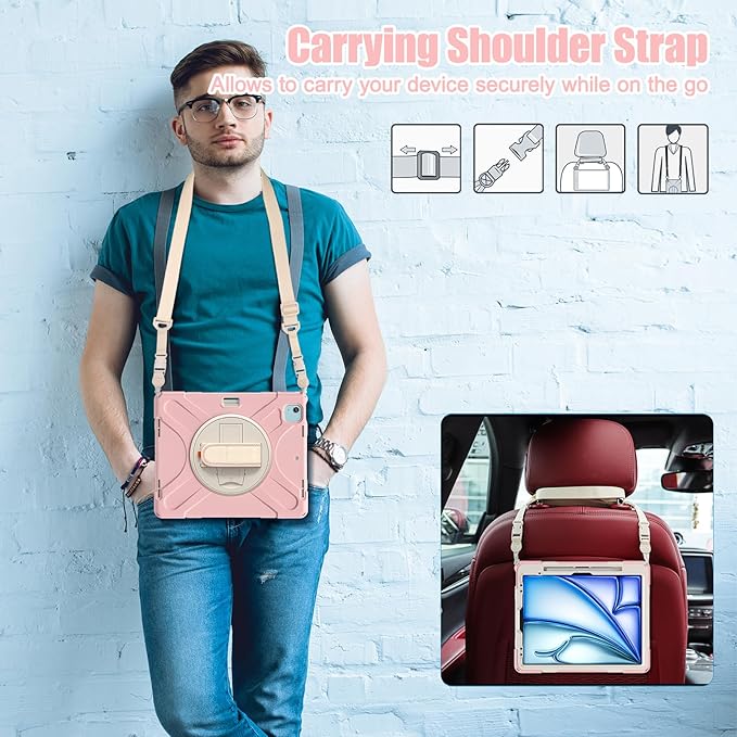 for iPad Air 13-inch M2 (2024) A2898/A2899 for iPad Pro 12.9 Rugged Case Portable Heavy Duty Shock-Proof Armor Cover with Swivel Kickstand/Hand Grip Shoulder Strap Pencil Holder (Pink)
