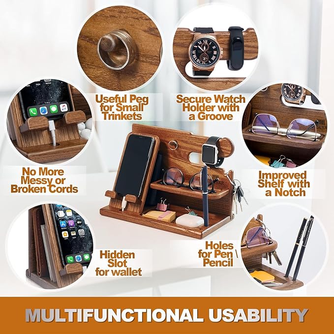 TESLYAR Wood Phone Docking Station for Men - Desk or Nightstand Organizer - Birthday Gifts for Husband or Dad - Anniversary Idea from Wife - Key Holder Stand Wallet Watch &amp Essentials (Earth Bei