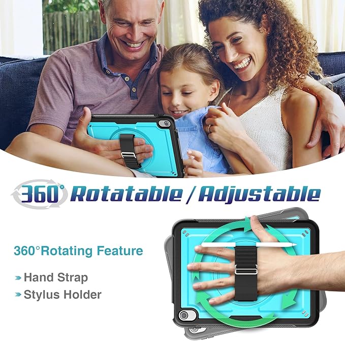 SEYMAC stock Case for iPad A16 11-inch Case 2025/ for iPad 11th/ 10th Generation 10.9'' 2022 Protective with Screen Protector Pen Holder Rotate Stand Loop Nylon Hand Strap Shoulder Strap Cyan