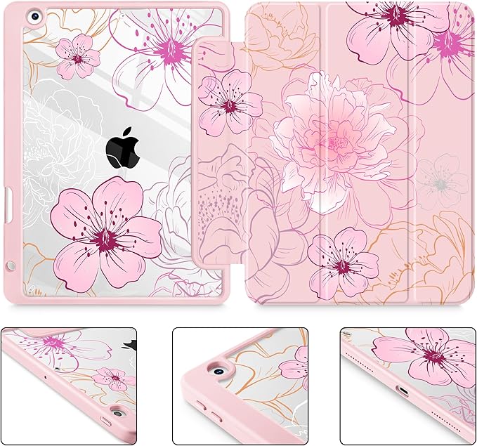 Case for iPad 9th/ 8th/ 7th Generation 10.2-Inch Case(2021/2020/2019 Release) [Built in Pencil Holder] Trifold Stand Auto Wake/Sleep Clear TPU Protection Back Cover Flowers Illustration