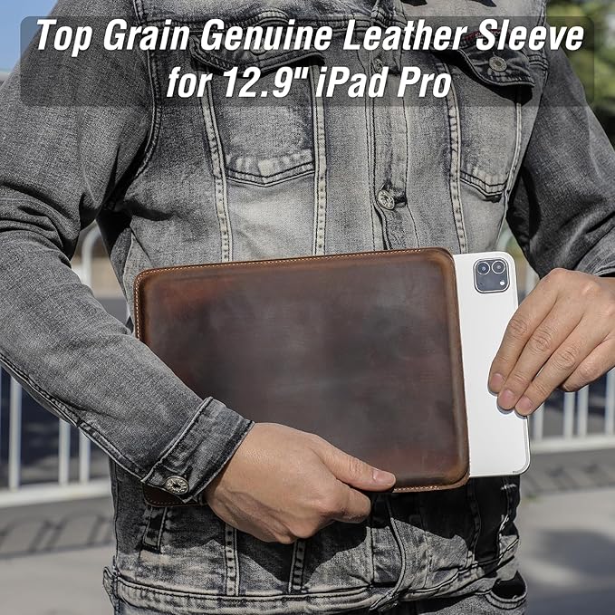 Top Grain Leather 12.9 Tablet Sleeve Slim Protector Vintage Design Fully Handmade Compatible with 12.9 iPad Pro 3/4/5/6 Gen Fits A2233 A2069 A2378 A2379 A2461 A2462 Coffee 12.9 Inch