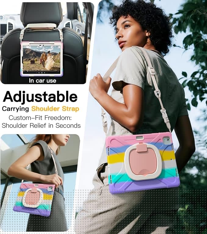 BRAECN for iPad Air 13 Inch Case M4 2026/M3 2025/M2 2024 &amp iPad Pro 12.9 Case (6th/5th4th/3rd Gen) Heavy Duty Silicone Cover with 360° Swivel Kickstand Shoulder Strap Pencil Holder Colorful Pi