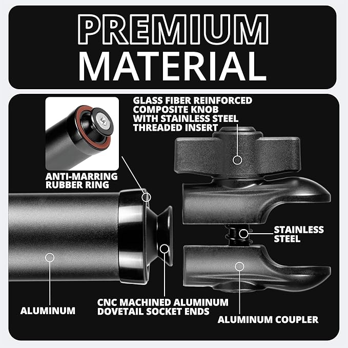 Tackform 7 Long 20mm Ball and Socket Arm DuraLock 20 Series Aluminum Tube Arm | Dual 20mm Sockets and Optional Anti-Theft Knobs | Black with Blue Billet Accent Kit