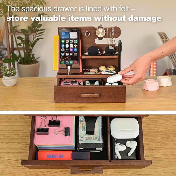 TESLYAR Wood Phone Docking Station with Drawer - Nightstand Organizer - Desk Organizer for Husband - Birthday Gifts for Men Dad Anniversary Idea Key Holder Stand Watch &amp Accessories (Antique Br