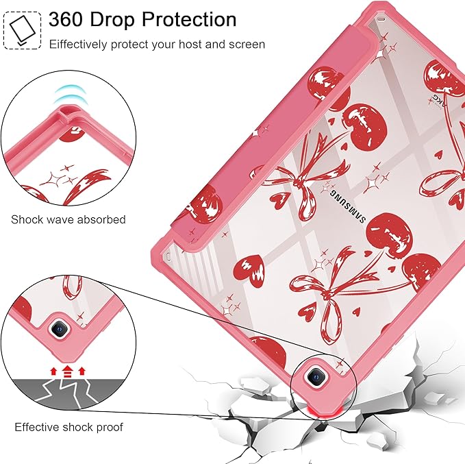 Mektron Case for Samsung Galaxy Tab S6 Lite 10.4 Inch 2024/2022/2020 with S Pen Holder Multi-Angle Viewing with Shockproof Cover Clear Shell + Trifold Stand + Auto Wake/Sleep Cherries Bows C388