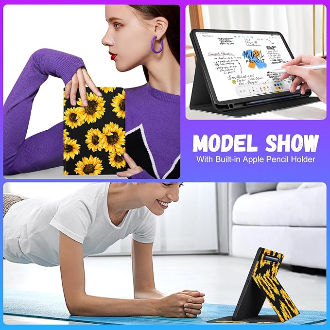 for Samsung Galaxy Tab S9 Plus Case 12.4 Inch 2023 Folio Cover with Pencil Holder Cute Pretty Design Girly Kawaii Black Sunflower Tablet Case