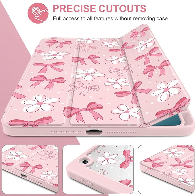 DONGKE for iPad 9th/8th/7th Generation Case 10.2 Inch (2021/2020/2019) [Auto Sleep/Wake &amp Pencil Holder] Clear Acrylic Back Trifold Stand Cover Bow &amp Daisy