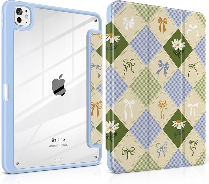 TWOLSKOO Case for iPad Pro 11-inch (M5 2025 / M4 2024) Clear Acrylic Back with TPU Bumper Pencil Holder Trifold Stand Auto Sleep/Wake Patchwork Bows