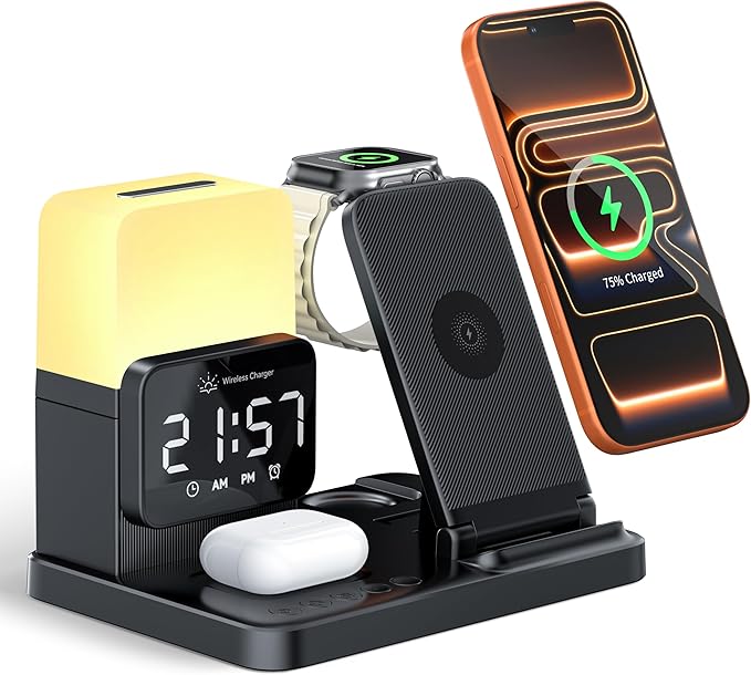 6-in-1 Wireless Charging Station Charger Stand for Apple Multiple Devices for iPhone 17 16 15 14 13 12 Pro Max Watch Airpods Wireless Charger iPhone Charging Station with Night Light/Alarm Clock