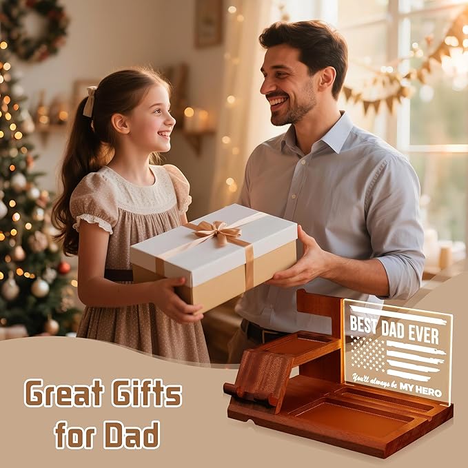 Attivolife Gifts for Dad Men Husband LED Phone Docking Station Desk Organizer Cell Phone Stand with Night Light Best Dad Ever Gift for Father's Day Key Holder Stand for Wallet Watch Essentials