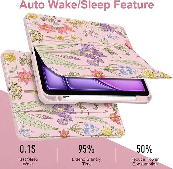 DONGKE Case for iPad Air 11-inch M4 2026 &amp M3 2025 &amp M2 2024 iPad Air 5th/4th Generation 10.9 2022/2020 [Built-in Pencil Holder] Clear Acrylic Back Trifold Stand Smart Cover Pink Botanical