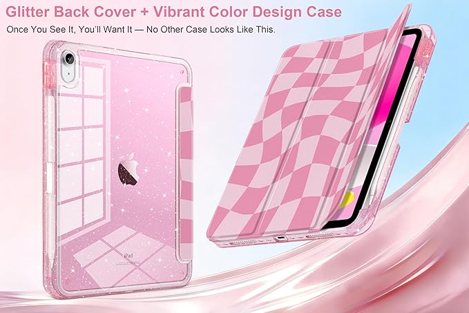 MEEgoodo Case for iPad A16 11th Generation 2025/10th Generation 2022 Glitter Tablet Cases with Transparent Acrylic Back+Trifold Stand +Pencil Holder+Auto Wake/SleepRomantic Pink Square