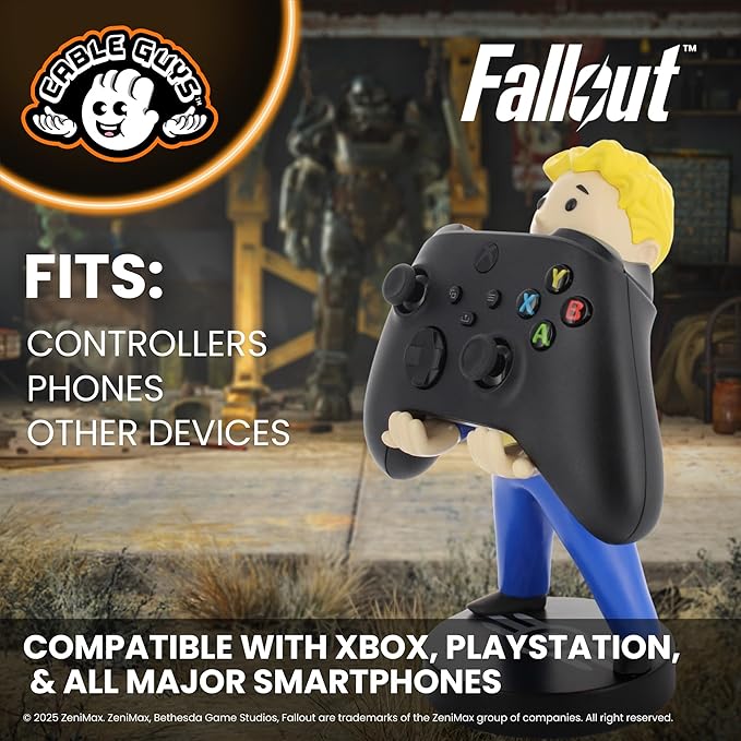 Cableguys Fallout Vault Boy Controller Holder &amp Phone Stand - Gaming Setup Accessories for Desk and Game Room Controller Stand Compatible with Xbox PlayStation &amp Most Standard Game Controlle