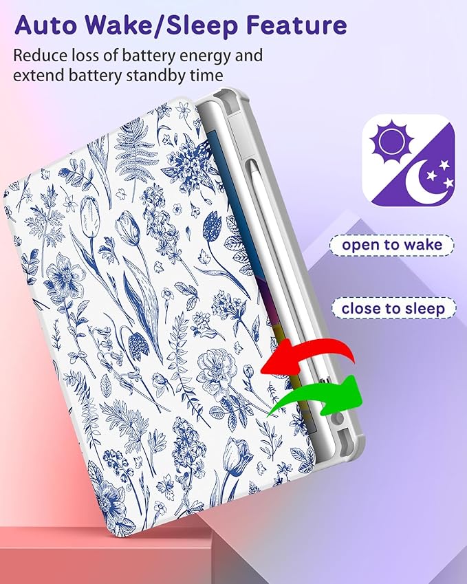Kidcube for iPad Air 13 Inch Case M3 2025/M2 2024 for iPad Pro 12.9 Cases (2022/2021/2020/2018) - Women Girls Cute Folio Cover with Pencil Holder Kawaii Girly Blue Floral Flower Design Rotating Stand